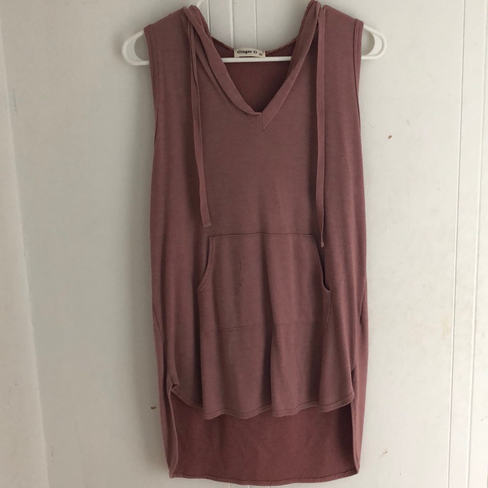 This is a hooded tank top with front pockets